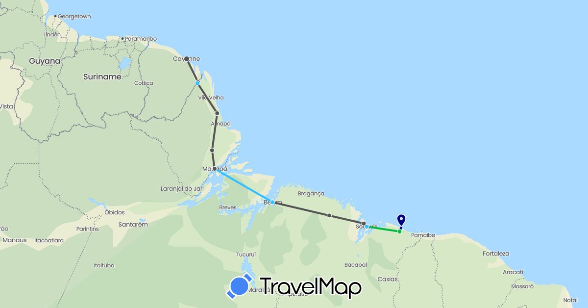 TravelMap itinerary: driving, bus, boat, motorbike in Brazil, French Guiana (South America)